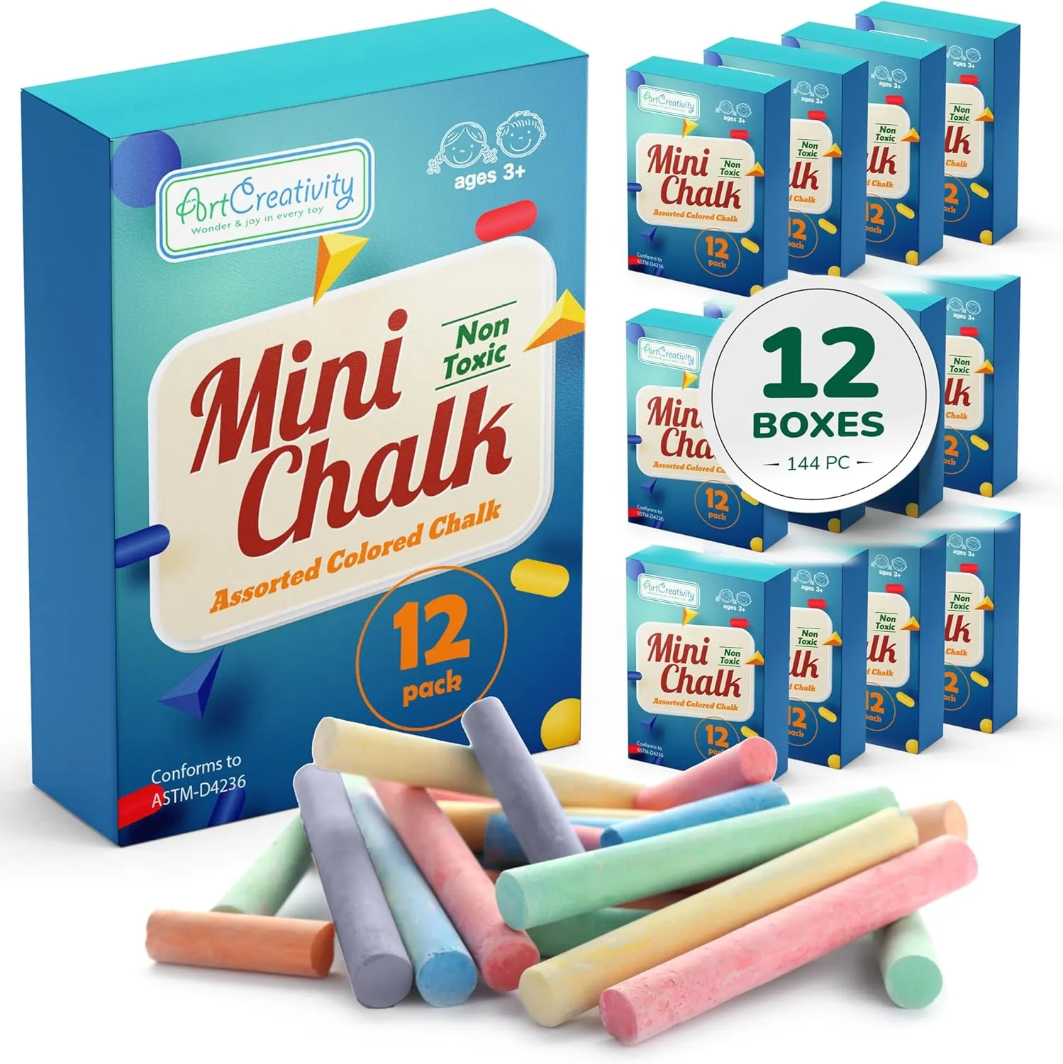 ArtCreativity 144 Count Mini Chalk Set for Kids (12 Boxes) Blackboard Chalk Sticks - Non-Toxic Art and Craft Supplies - Birthday Party Favors for Boys and Girls - Fun Goody Bag Fillers
