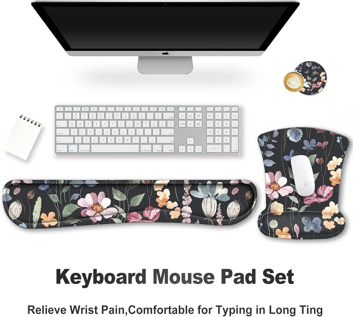 ARTSO Mouse Pad Wrist Support and Keyboard Wrist Rest, Ergonomic Memory Foam Mousepad Non-Slip Easy Typing and Pain Relief for Gaming, Computer, Office, Laptop, Flowers Plants