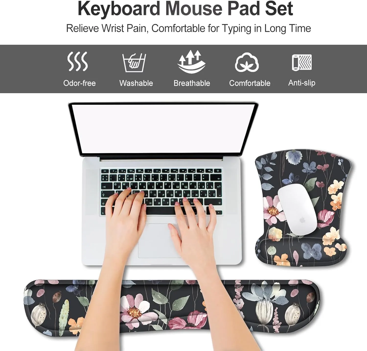 ARTSO Mouse Pad Wrist Support and Keyboard Wrist Rest, Ergonomic Memory Foam Mousepad Non-Slip Easy Typing and Pain Relief for Gaming, Computer, Office, Laptop, Flowers Plants