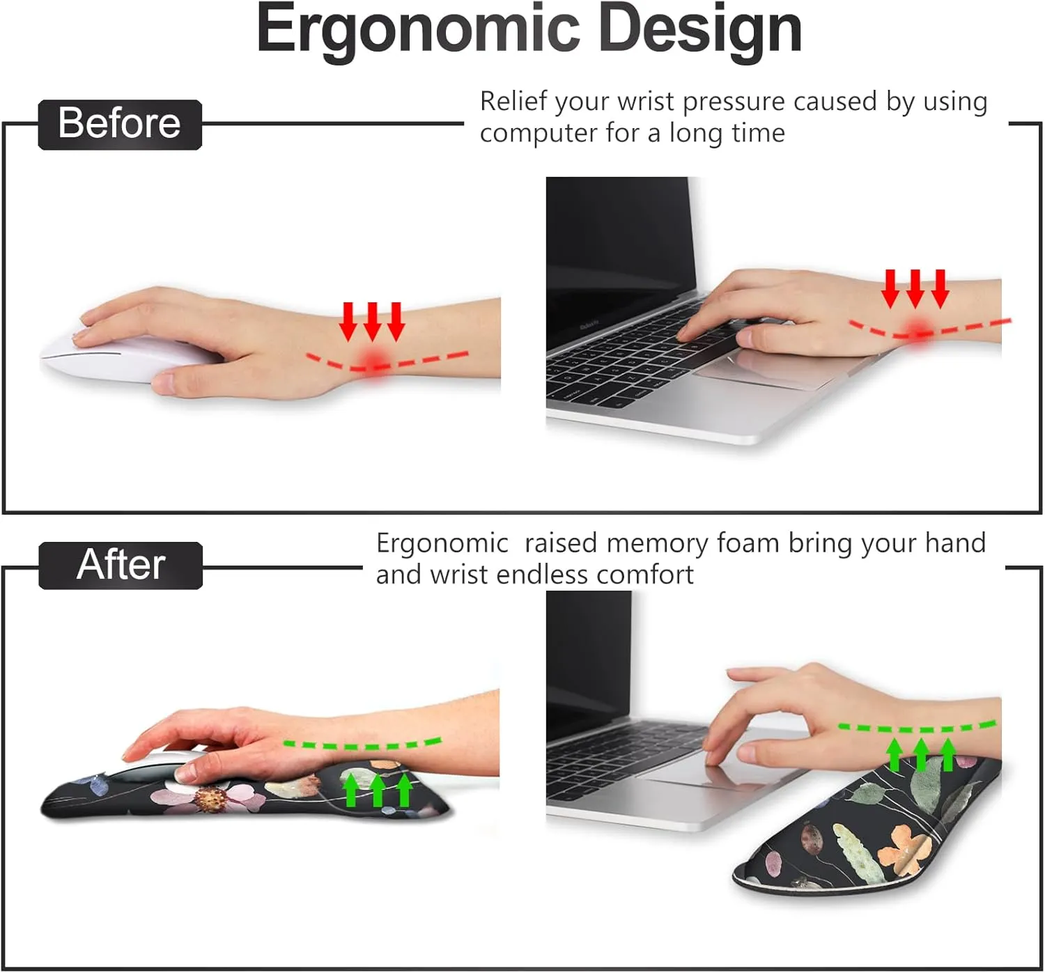 ARTSO Mouse Pad Wrist Support and Keyboard Wrist Rest, Ergonomic Memory Foam Mousepad Non-Slip Easy Typing and Pain Relief for Gaming, Computer, Office, Laptop, Flowers Plants