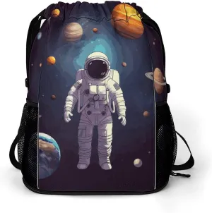 Astronaut Solar System Planets Drawstring Backpack with Shoes Compartment Sports Cinch Sack Beach Swim Gym Bag Durable Water Resistant Drawstring Bag for Men Women