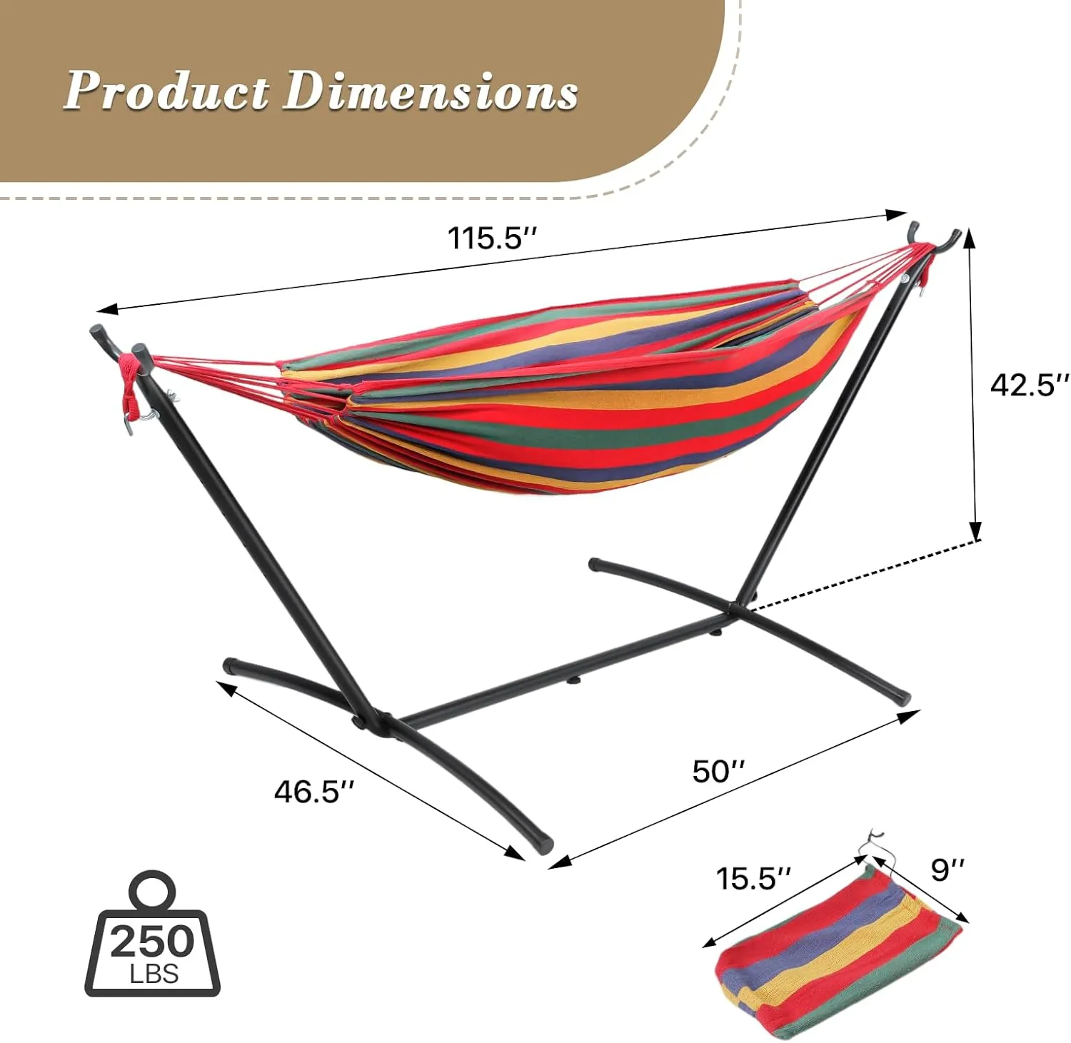 Athena Collection Double Hammock with Stand for Outside, Heavy-Duty Steel Stand 250 Lbs Weight Capacity, Portable Outdoor Hammock Swing with Carry Bag for Indoor, Outdoor, Backyard, Red Yellow