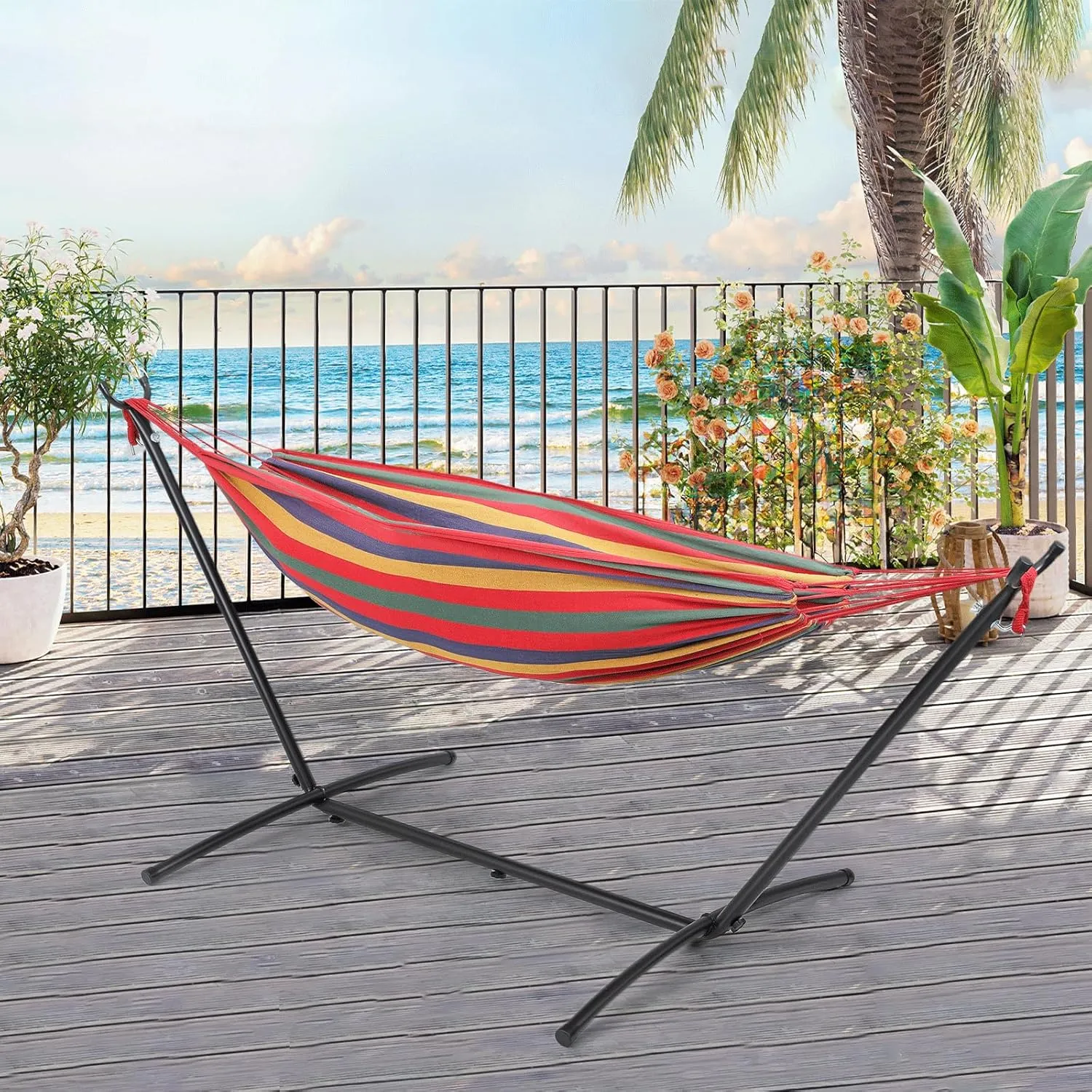 Athena Collection Double Hammock with Stand for Outside, Heavy-Duty Steel Stand 250 Lbs Weight Capacity, Portable Outdoor Hammock Swing with Carry Bag for Indoor, Outdoor, Backyard, Red Yellow