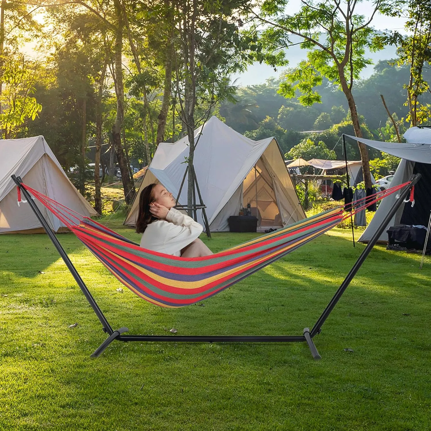 Athena Collection Double Hammock with Stand for Outside, Heavy-Duty Steel Stand 250 Lbs Weight Capacity, Portable Outdoor Hammock Swing with Carry Bag for Indoor, Outdoor, Backyard, Red Yellow