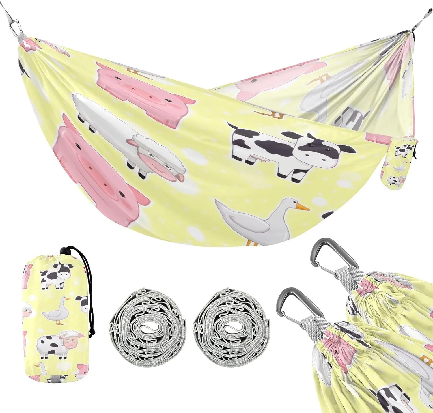 ATTX Cartoon Farm Animals Camping Hammock - Lightweight & Portable Hammocks, Heavy Duty 330lbs Capacity for Indoor, Hiking, Backpacking, Travel, Backyard, Beach#187