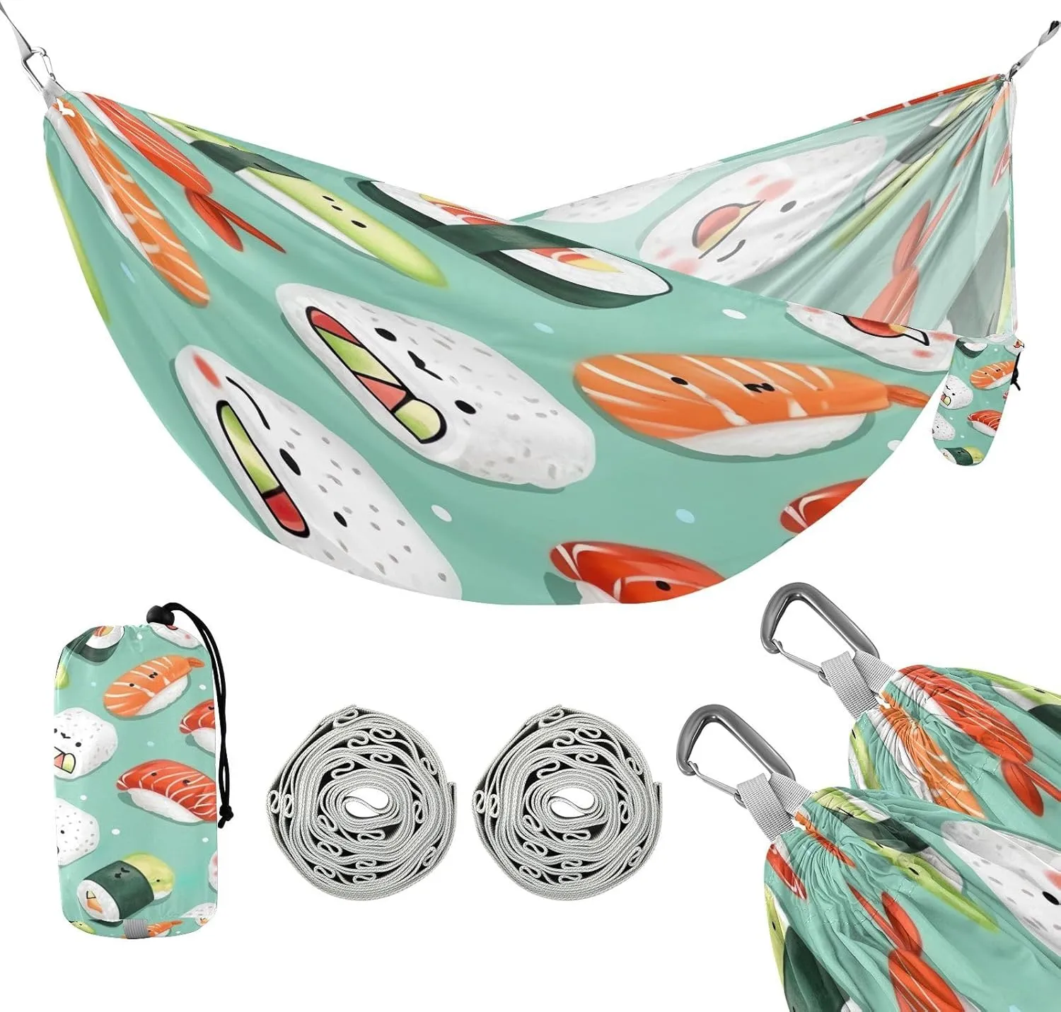 ATTX Sushi Kawaii Pattern Camping Hammock - Lightweight & Portable Hammocks, Heavy Duty 330lbs Capacity for Indoor, Hiking, Backpacking, Travel, Backyard, Beach#480