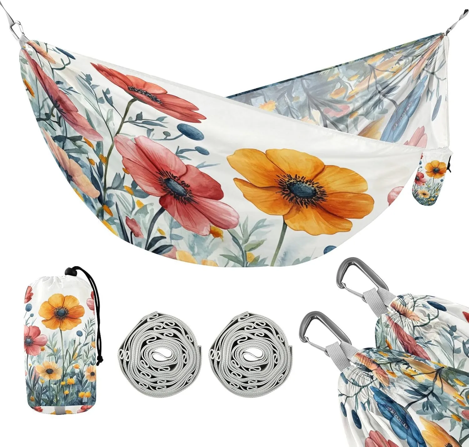 ATTX Watercolor Wildflowers Camping Hammock - Lightweight & Portable Hammocks, Heavy Duty 330lbs Capacity for Indoor, Hiking, Backpacking, Travel, Backyard, Beach#249
