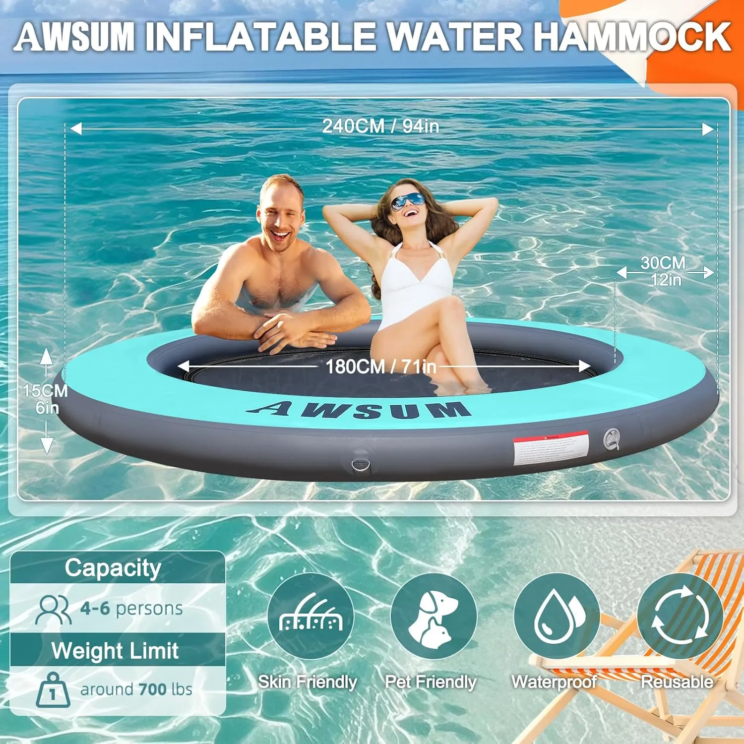 AWSUM Inflatable Water Hammock Round Floating Ring Circle Dock Lake Floats River Raft for Adults Island Swimming Pool Platform for Party