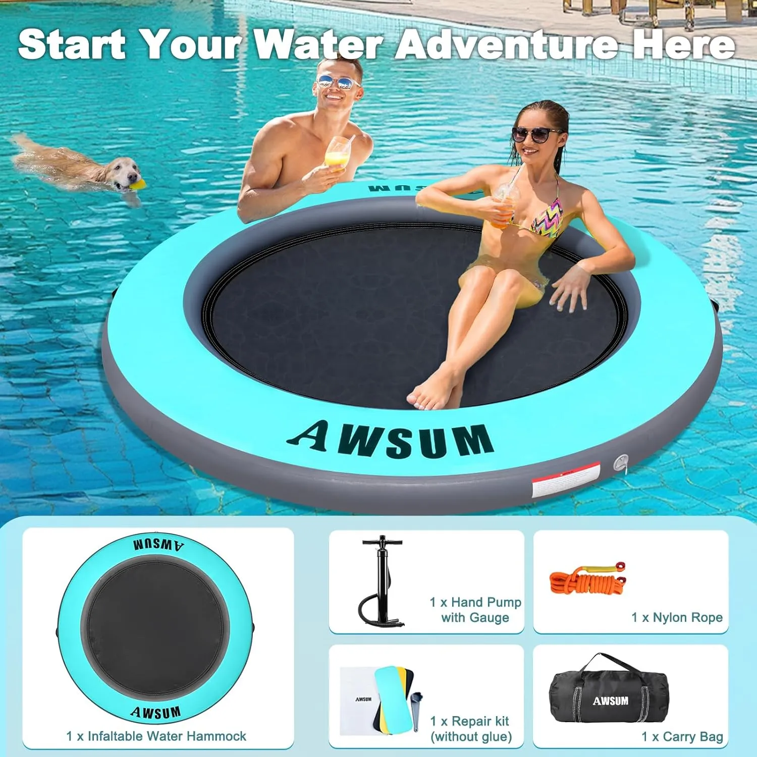 AWSUM Inflatable Water Hammock Round Floating Ring Circle Dock Lake Floats River Raft for Adults Island Swimming Pool Platform for Party