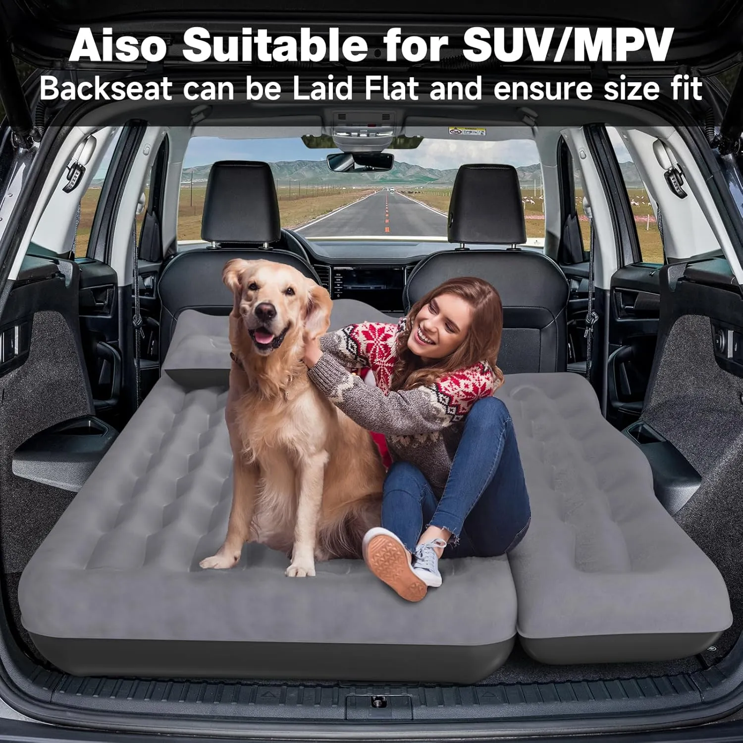 Back Seat Car Air Mattress: Inflatable SUV Car Camping Bed for Truck Van, Thickened Double-Sided Flocking Travel Car Sleeping Pad with Air Pump 2 Pillows