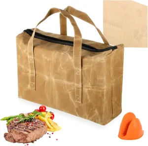 BBQ Blanket for Resting Meat, Large Waxed Canvas BBQ Rest Bag Reusable Insulated Smoker Meat Resting Blanket Handbag with 10 Grill Paper 1 Silicone Glove for Briskets Pork Shoulders Turkeys (15inch)