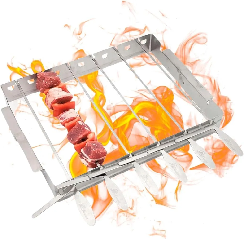 BBQ Dragon Stainless Steel Barbecue Skewers – Foldable Rack with 14 Inch Metal Sticks for Meat, Veggies and Seafood – Shish Kabob Set for Outdoor Grilling – Dishwasher Safe