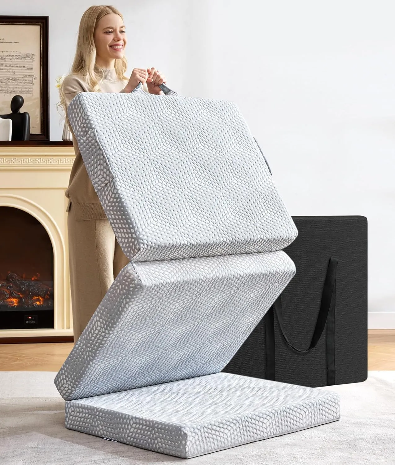 BDEUS Memory Foam Folding Mattress 4 Inch Single Size with Protable Storage Bag, Trifold Mattress Topper Soft Guest Bed Floor Mat for Kids Camping Road Trip, Gray, 25 x 75 Inch
