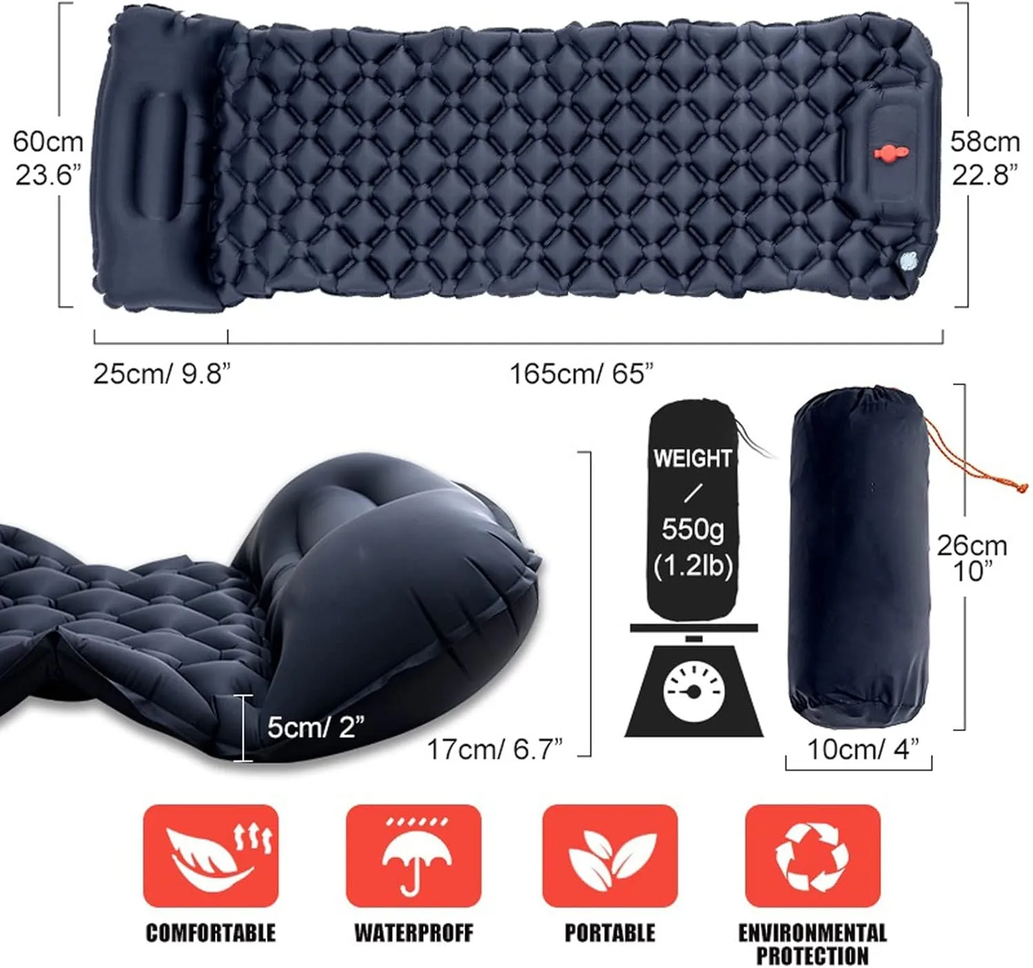 Beach Blankets Outdoor Camping Sleeping Pad Inflatable Mattress with Pillows Ultralight Air Mat Built-in Inflator Pump Travel Hiking(Orange)