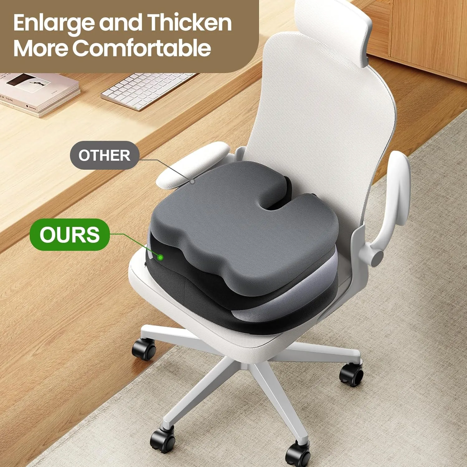 Benazcap Large Seat Cushion for Office Chair Memory Foam Coccyx Pain Relief Cushion Pillow for Back Support Non-Slip Seat Pad for Office Desk, Car Seat, Wheelchair, Sciatica