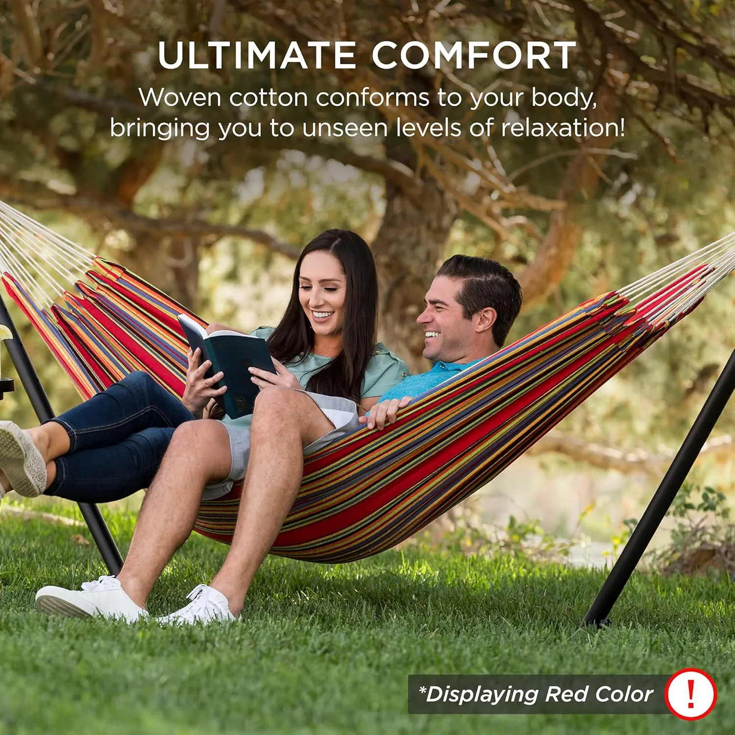 Best Choice Products Double Hammock with Steel Stand, Indoor Outdoor Brazilian-Style Cotton Bed w/Carrying Bag, 2-Person Capacity - Abyss