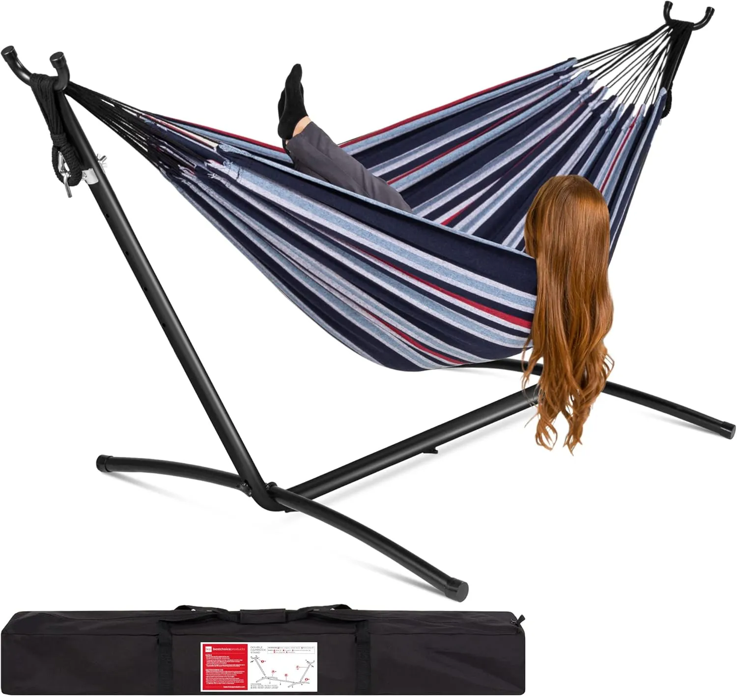 Best Choice Products Double Hammock with Steel Stand, Indoor Outdoor Brazilian-Style Cotton Bed w/Carrying Bag, 2-Person Capacity - Abyss