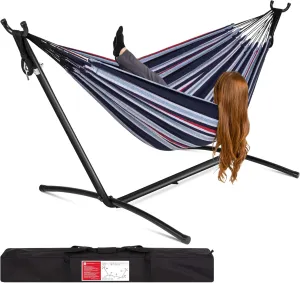 Best Choice Products Double Hammock with Steel Stand, Indoor Outdoor Brazilian-Style Cotton Bed w/Carrying Bag, 2-Person Capacity - Abyss