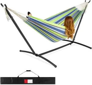 Best Choice Products Double Hammock with Steel Stand, Indoor Outdoor Brazilian-Style Cotton Bed w/Carrying Bag, 2-Person Capacity - Blue/Green Stripes