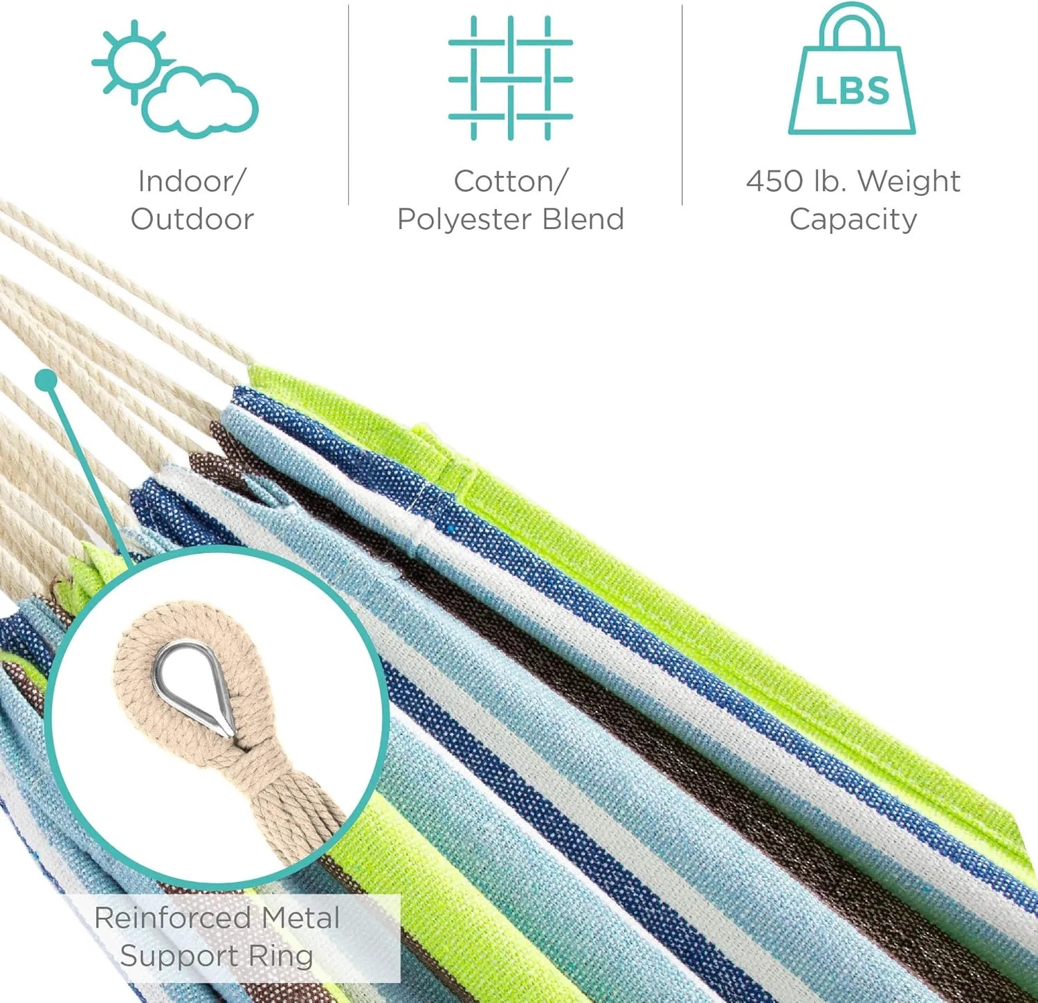 Best Choice Products Double Hammock with Steel Stand, Indoor Outdoor Brazilian-Style Cotton Bed w/Carrying Bag, 2-Person Capacity - Blue/Green Stripes
