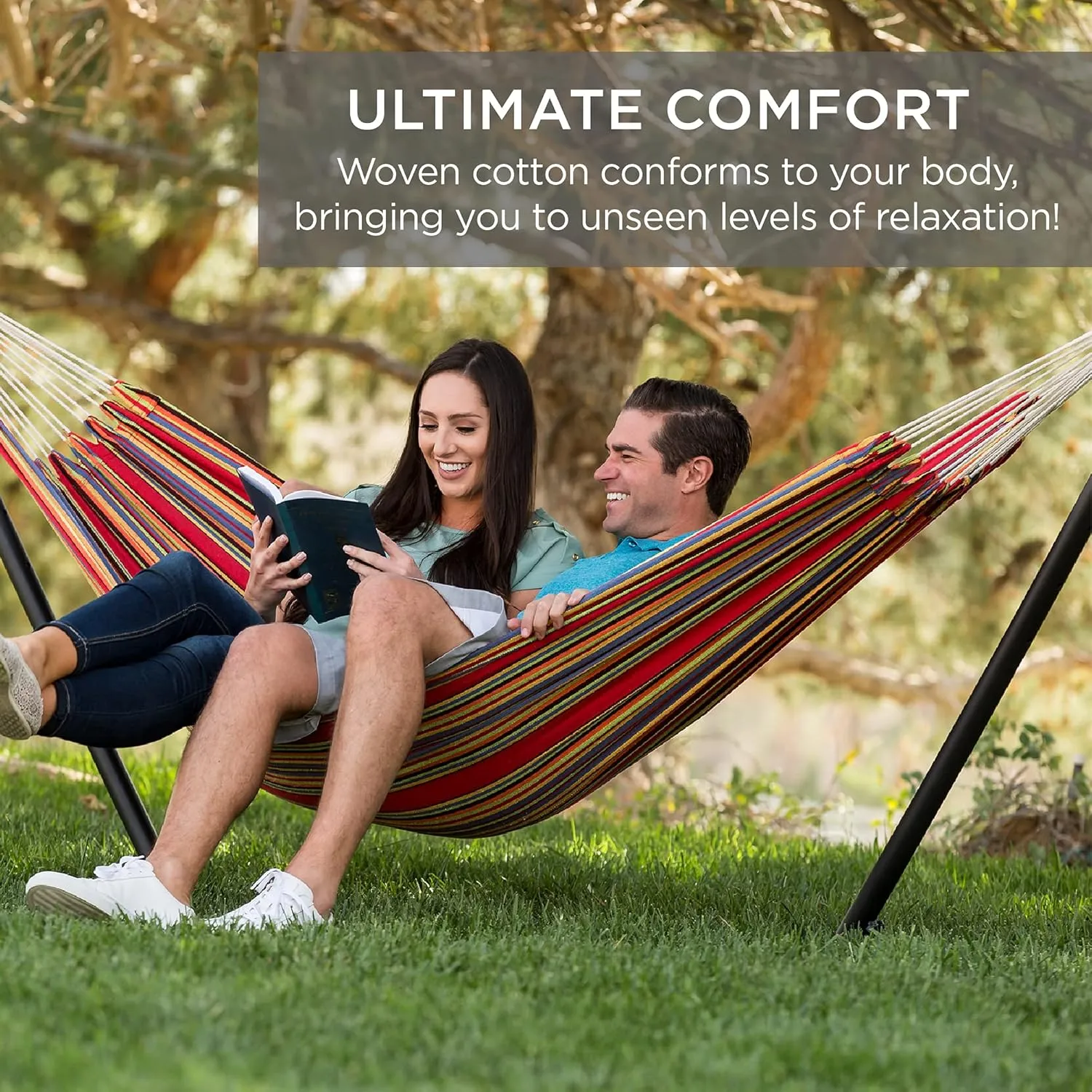 Best Choice Products Double Hammock with Steel Stand, Indoor Outdoor Brazilian-Style Cotton Bed w/Carrying Bag, 2-Person Capacity - Blue/Green Stripes