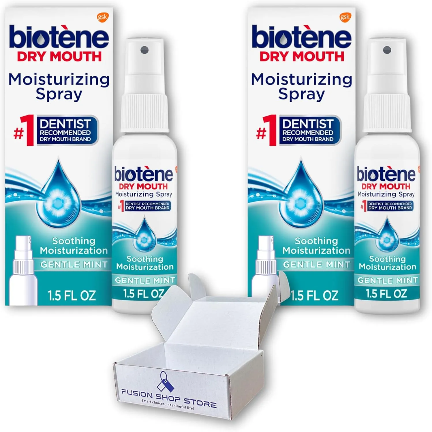 Biotene moisturizing Spray- for Dry Mouth, Breath Freshening Gentle Mint, 1.5 oz, for Adults & Children (Pack of 2), Boxed by Fusion Shop Store