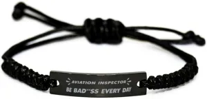 Black Stainless Steel Handmade Bracelets Adjustable Cord Inspirational, Aviation Inspector Be bad**ss every day