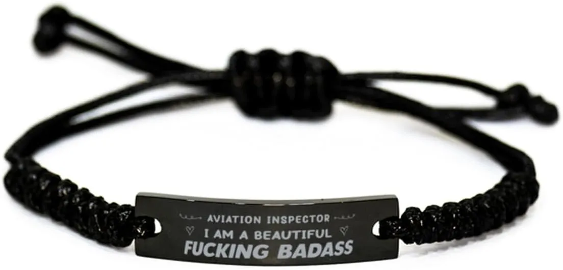 Black Stainless Steel Handmade Bracelets Adjustable Cord Inspirational, Aviation Inspector I AM A Beautiful Fucking Badass