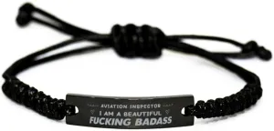 Black Stainless Steel Handmade Bracelets Adjustable Cord Inspirational, Aviation Inspector I AM A Beautiful Fucking Badass
