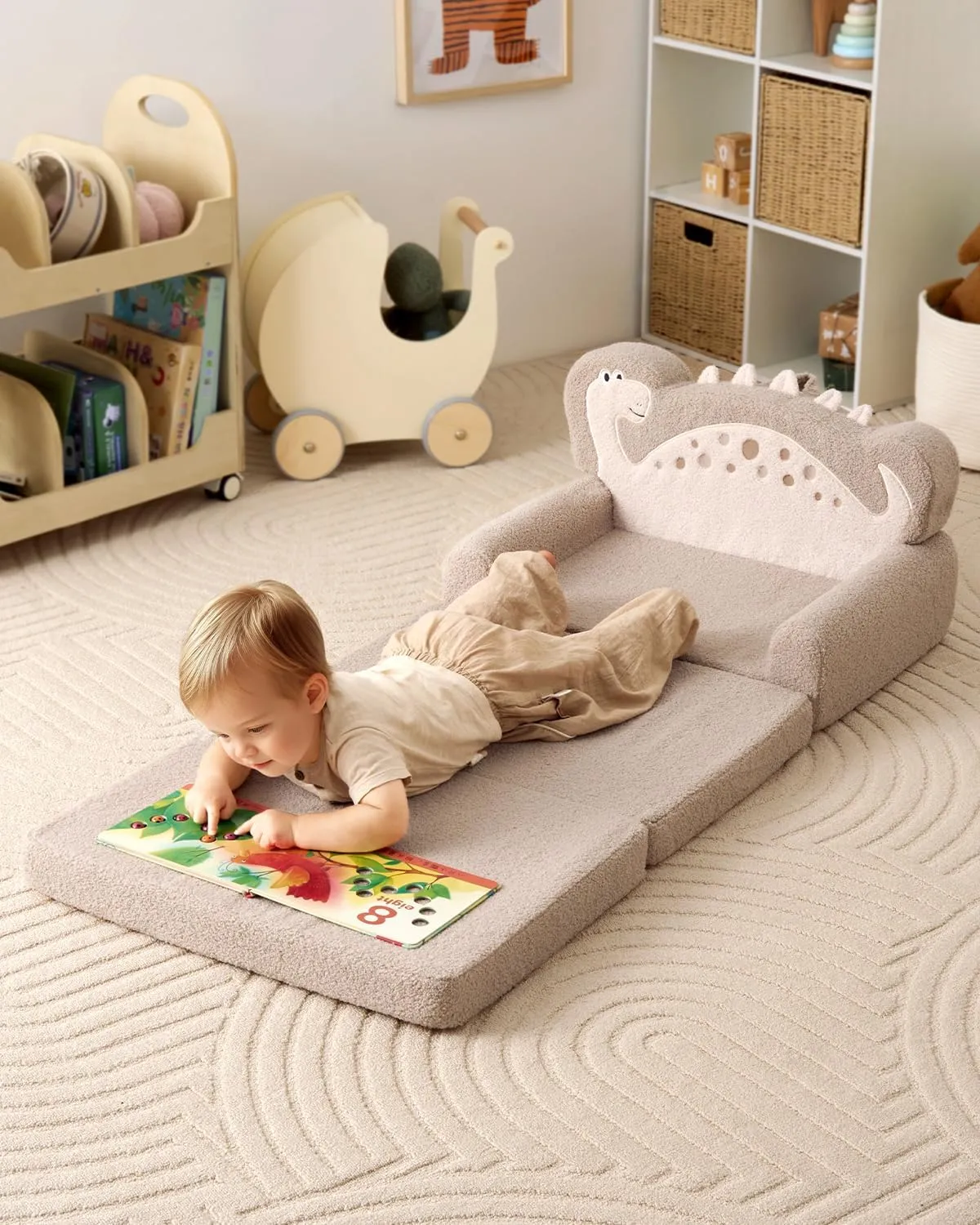 Blissful Diary Kids Couch, 2-in-1 Soft Toddler Couch Fold Out, Toddler Chair Comfy, Convertible Sofa to Lounger, Kids Furniture for Playroom, Gift for Birthday, Children's Day, Khaki Dinosaur