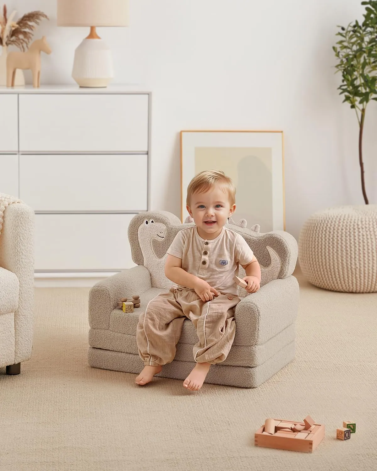 Blissful Diary Kids Couch, 2-in-1 Soft Toddler Couch Fold Out, Toddler Chair Comfy, Convertible Sofa to Lounger, Kids Furniture for Playroom, Gift for Birthday, Children's Day, Khaki Dinosaur