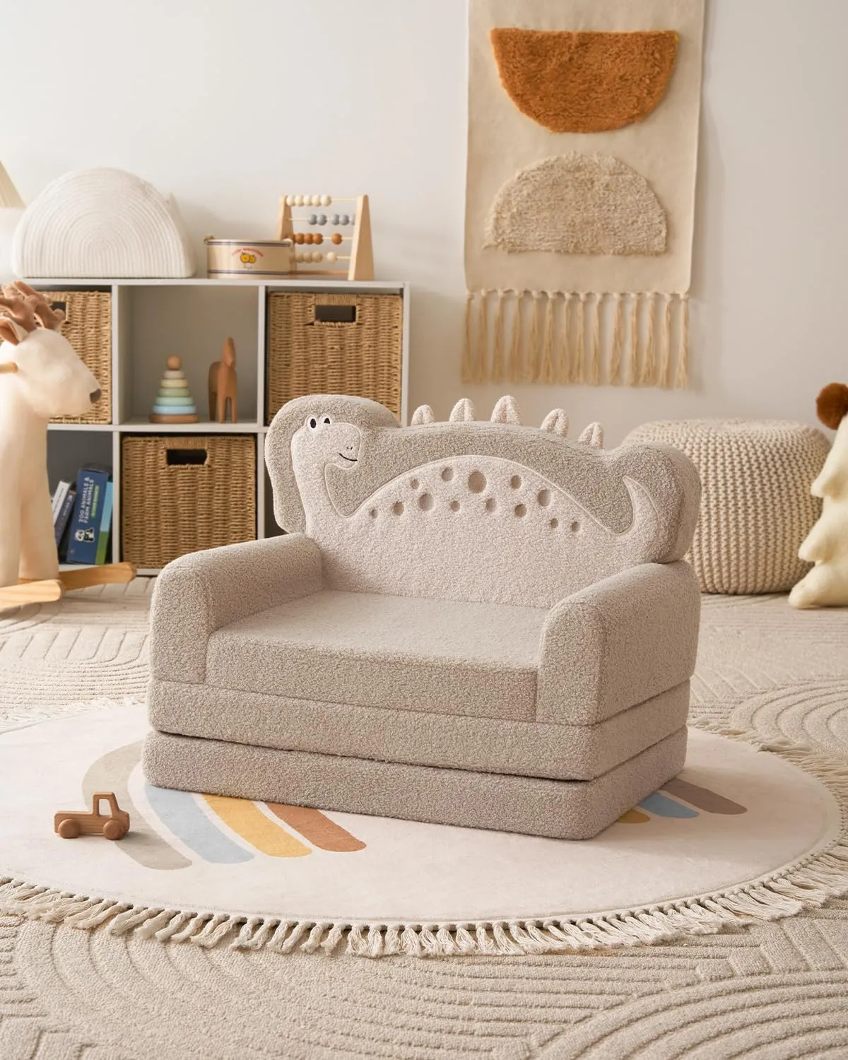 Blissful Diary Kids Couch, 2-in-1 Soft Toddler Couch Fold Out, Toddler Chair Comfy, Convertible Sofa to Lounger, Kids Furniture for Playroom, Gift for Birthday, Children's Day, Khaki Dinosaur