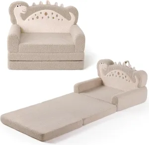 Blissful Diary Kids Couch, 2-in-1 Soft Toddler Couch Fold Out, Toddler Chair Comfy, Convertible Sofa to Lounger, Kids Furniture for Playroom, Gift for Birthday, Children's Day, Khaki Dinosaur
