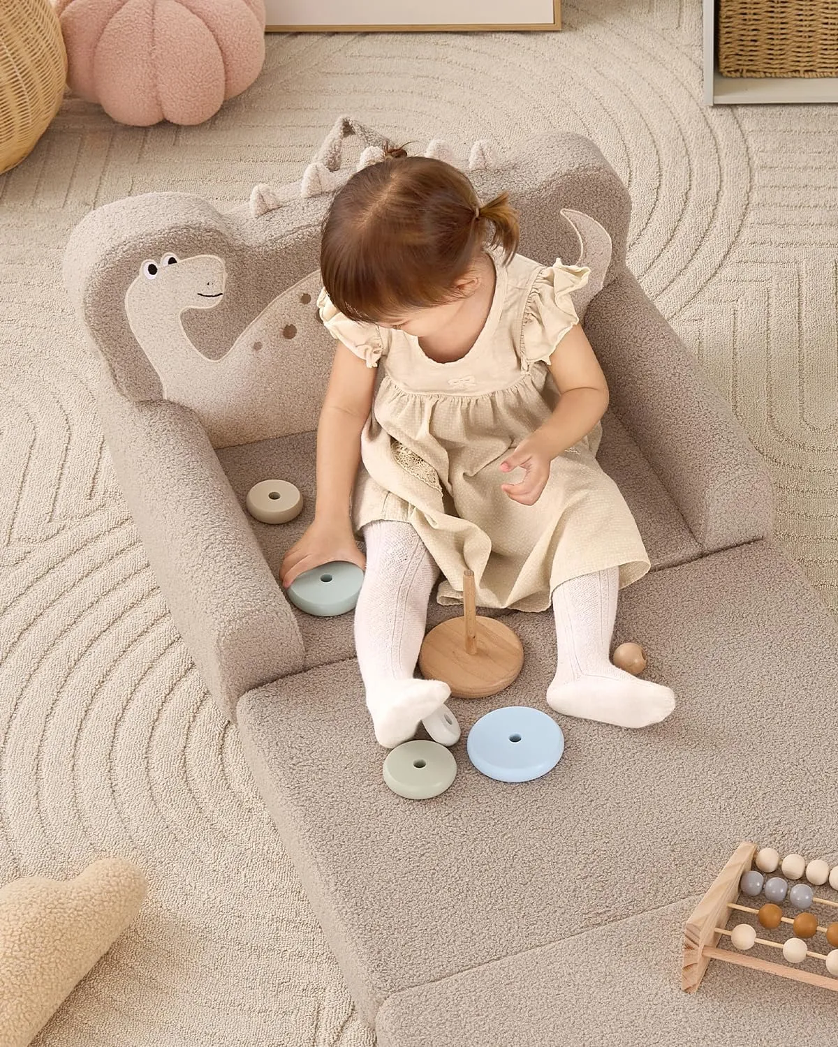 Blissful Diary Kids Couch, 2-in-1 Soft Toddler Couch Fold Out, Toddler Chair Comfy, Convertible Sofa to Lounger, Kids Furniture for Playroom, Gift for Birthday, Children's Day, Khaki Dinosaur