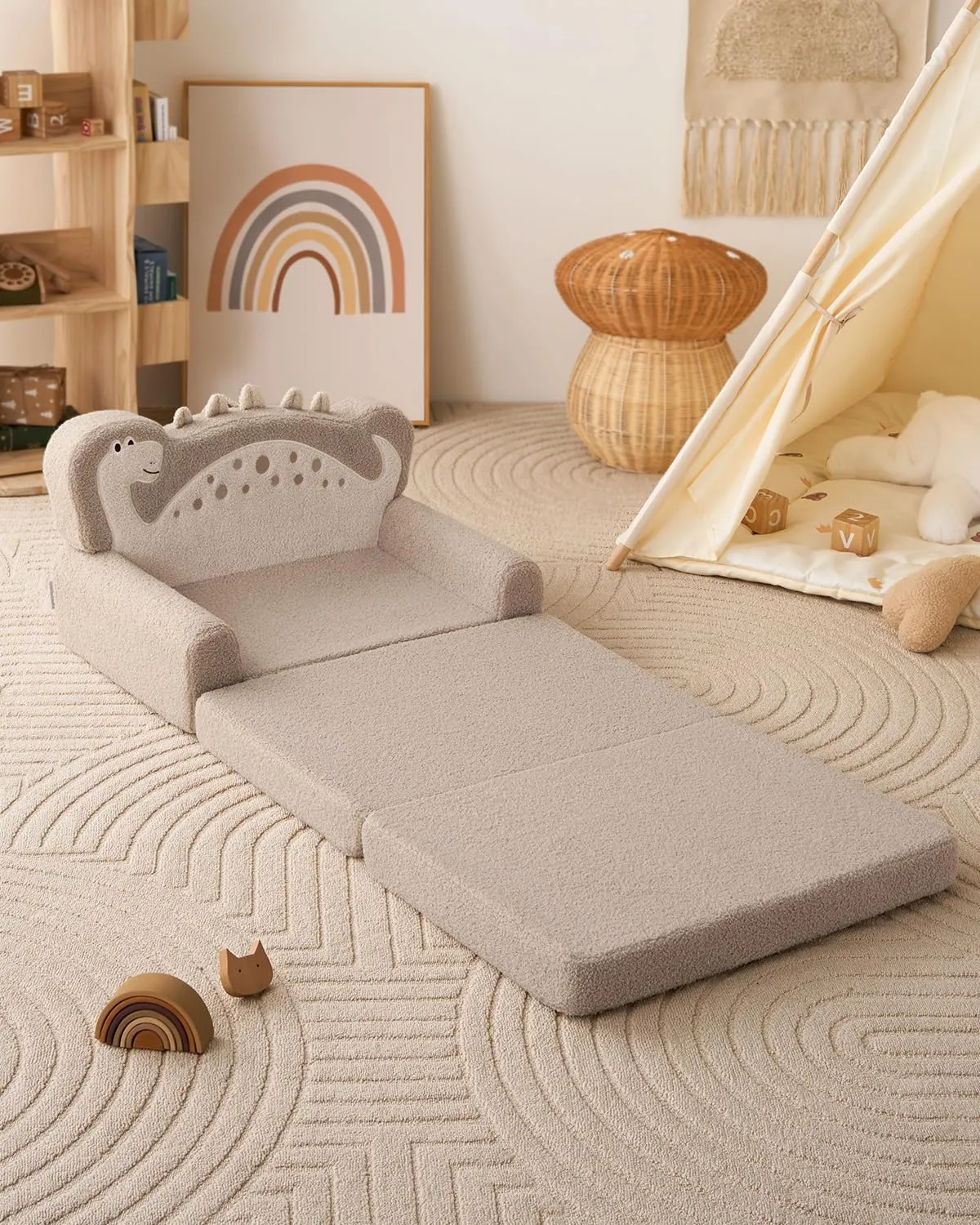 Blissful Diary Kids Couch, 2-in-1 Soft Toddler Couch Fold Out, Toddler Chair Comfy, Convertible Sofa to Lounger, Kids Furniture for Playroom, Gift for Birthday, Children's Day, Khaki Dinosaur
