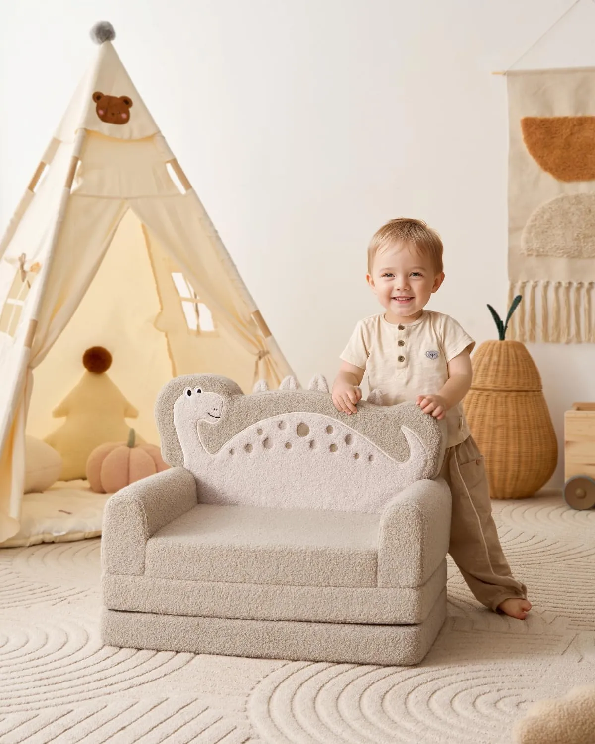 Blissful Diary Kids Couch, 2-in-1 Soft Toddler Couch Fold Out, Toddler Chair Comfy, Convertible Sofa to Lounger, Kids Furniture for Playroom, Gift for Birthday, Children's Day, Khaki Dinosaur