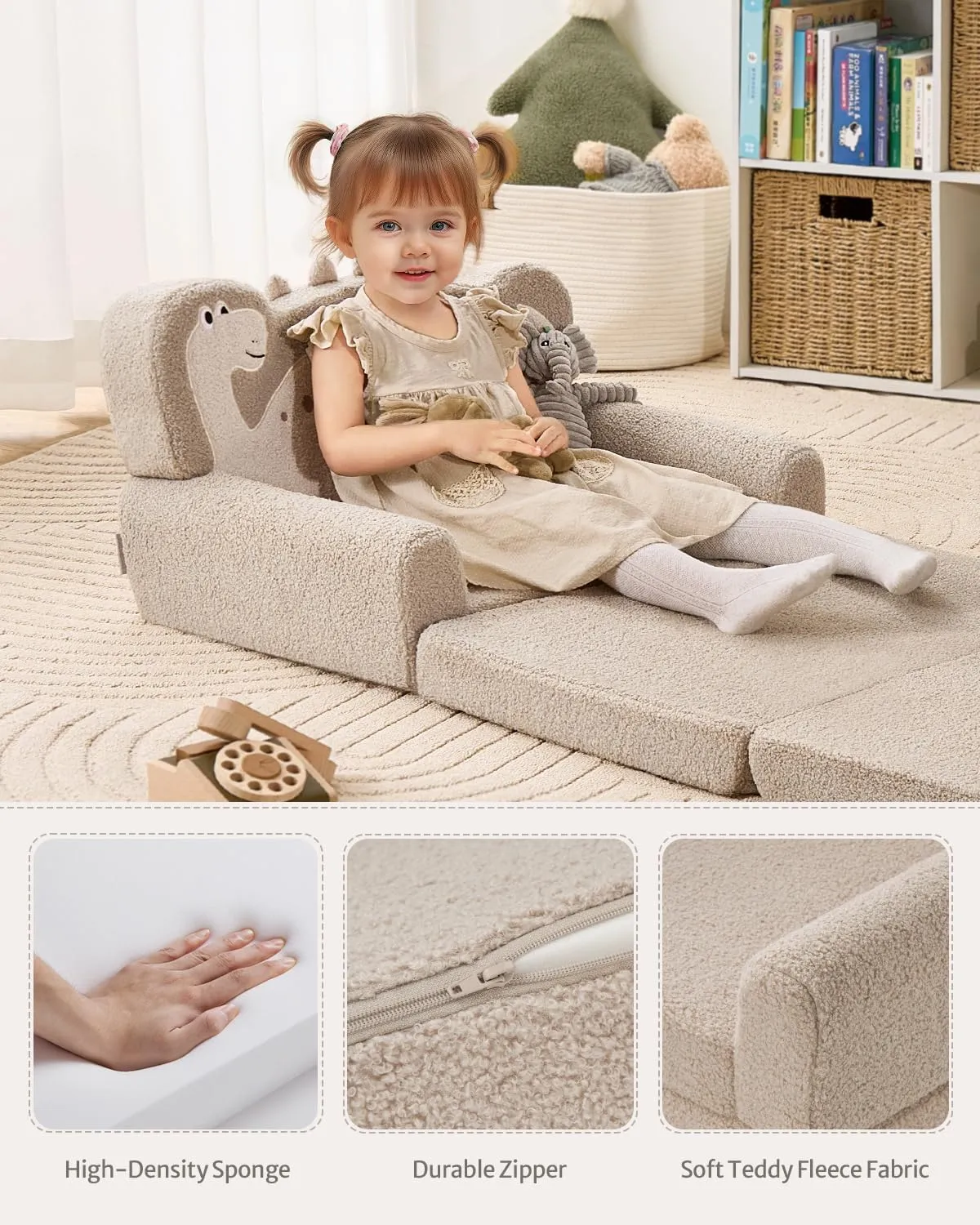 Blissful Diary Kids Couch, 2-in-1 Soft Toddler Couch Fold Out, Toddler Chair Comfy, Convertible Sofa to Lounger, Kids Furniture for Playroom, Gift for Birthday, Children's Day, Khaki Dinosaur