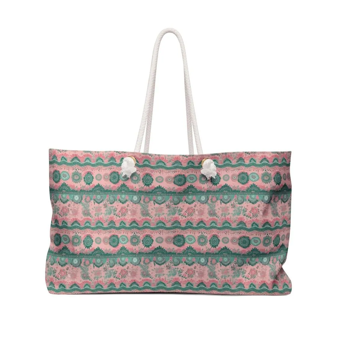Boho Pink and Green Jeweled Weekender Bag - Travel Duffle Overnight Bag Gym Bag Luggage, Yoga Retreat Gift, Patterned Tote Bag, AKA Inspired