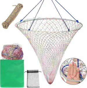 Bridge and Pier Fishing Net Heavy-Duty Design for Big Fish Portable Fishing Cast Net with Rope, Coarse Soft Steel Hoop, Colorful or Gray Dual-Line Construction Drop Net/Rope/Storage Bag