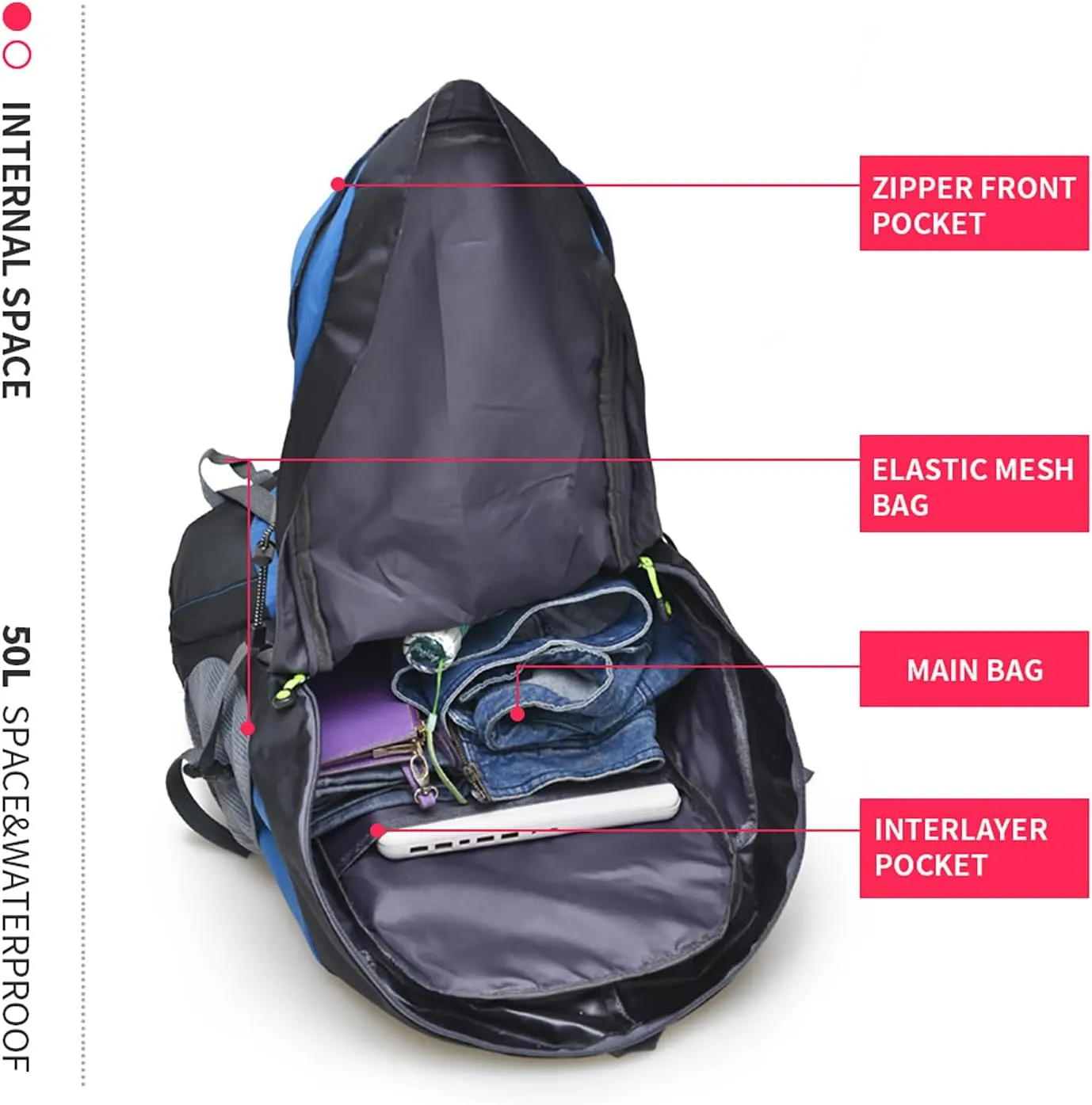 Bseash 50L Hiking Backpack, Water Resistant Lightweight Outdoor Sport Daypack Travel Bag for Camping Climbing Skiing Cycling (Light Blue - No Shoe Compartment)