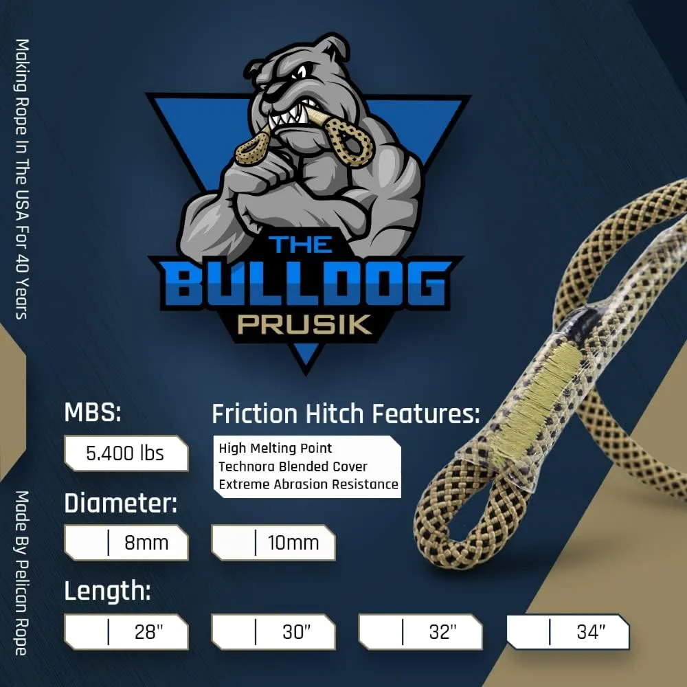 Bulldog 8mm & 10mm - USA Made Friction Hitch 100% Technora, 5400 MBS, Prusik by Pelican Rope - Arborist Rope, Tree Gear, Accessory Cord (32, 10mm Diameter)