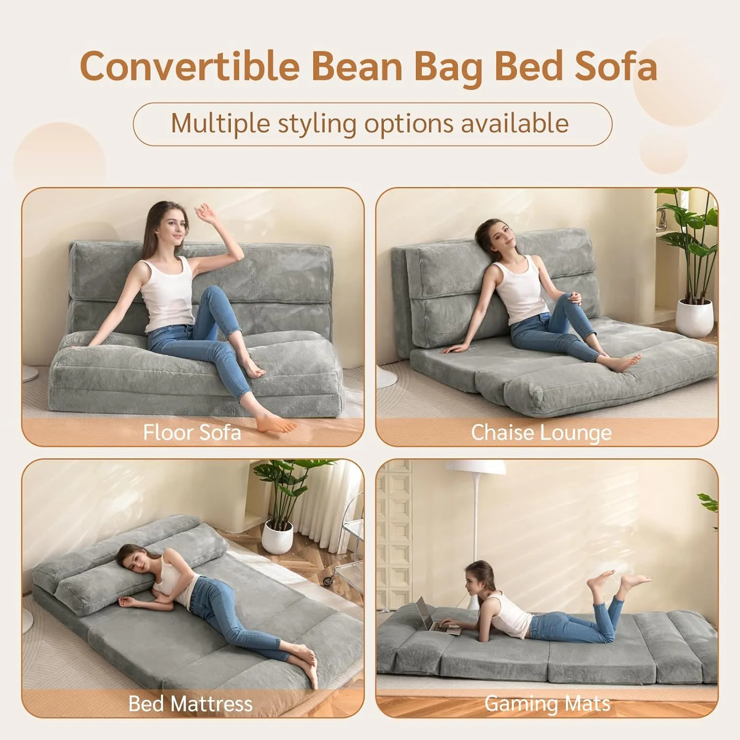 BYBYME Bean Bag Bed Folding Sofa Bed, Extra Wider Fold Full Floor Mattress for Adults with Washable Soft Faux Fur Cover, Floor Couch for Bedroom Living Room