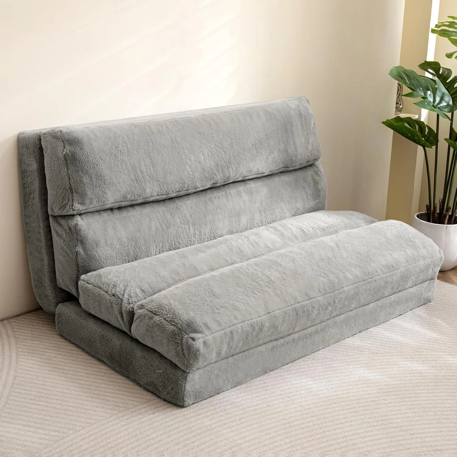 BYBYME Bean Bag Bed Folding Sofa Bed, Extra Wider Fold Full Floor Mattress for Adults with Washable Soft Faux Fur Cover, Floor Couch for Bedroom Living Room
