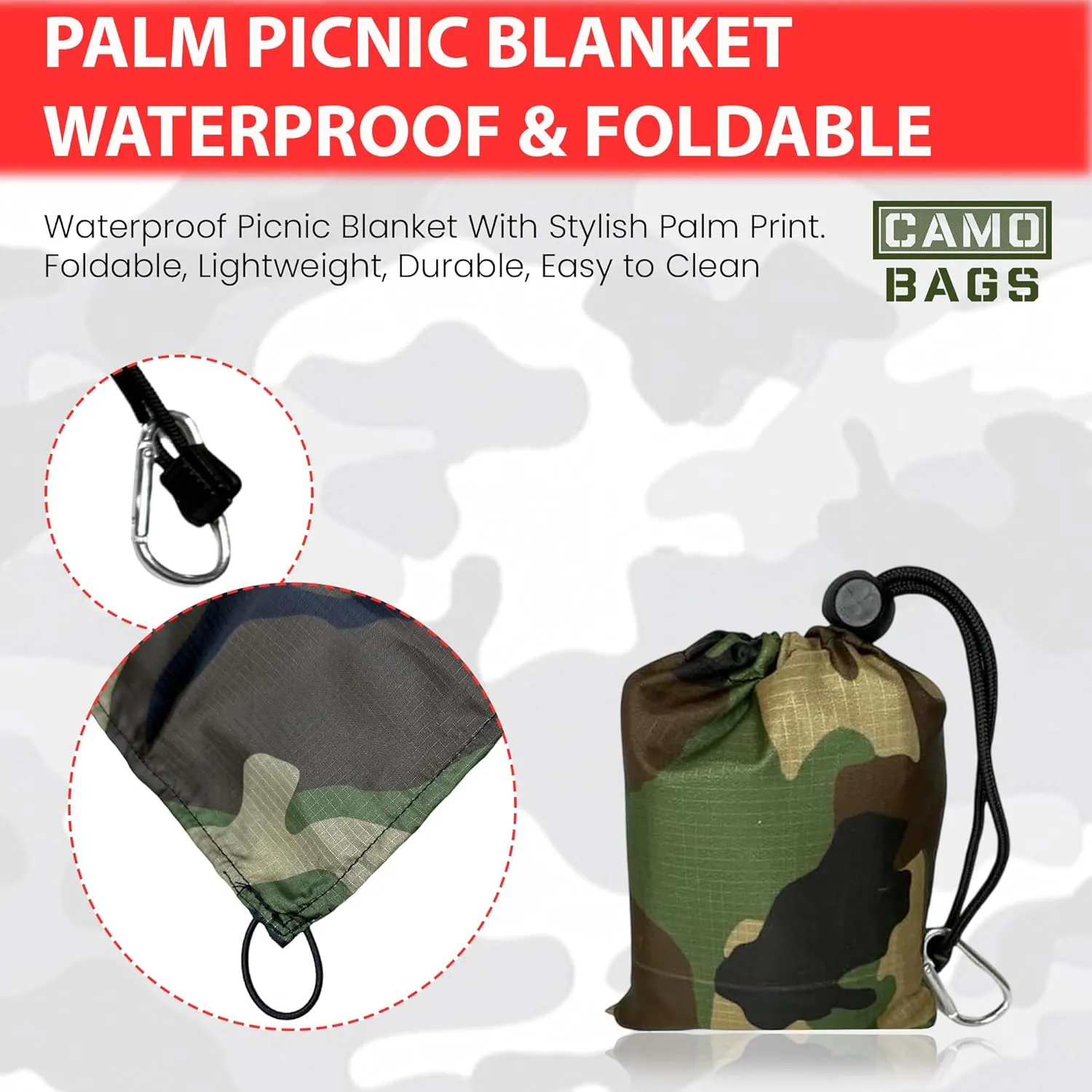 Camo Palm Picnic Blanket - Water Resistant & Foldable Ribstop Fabric Made Blanket With Compact Pocket Loops Style - Easy to Carry - Ideal for Travel, Beach, & Camping & Outdoor Use