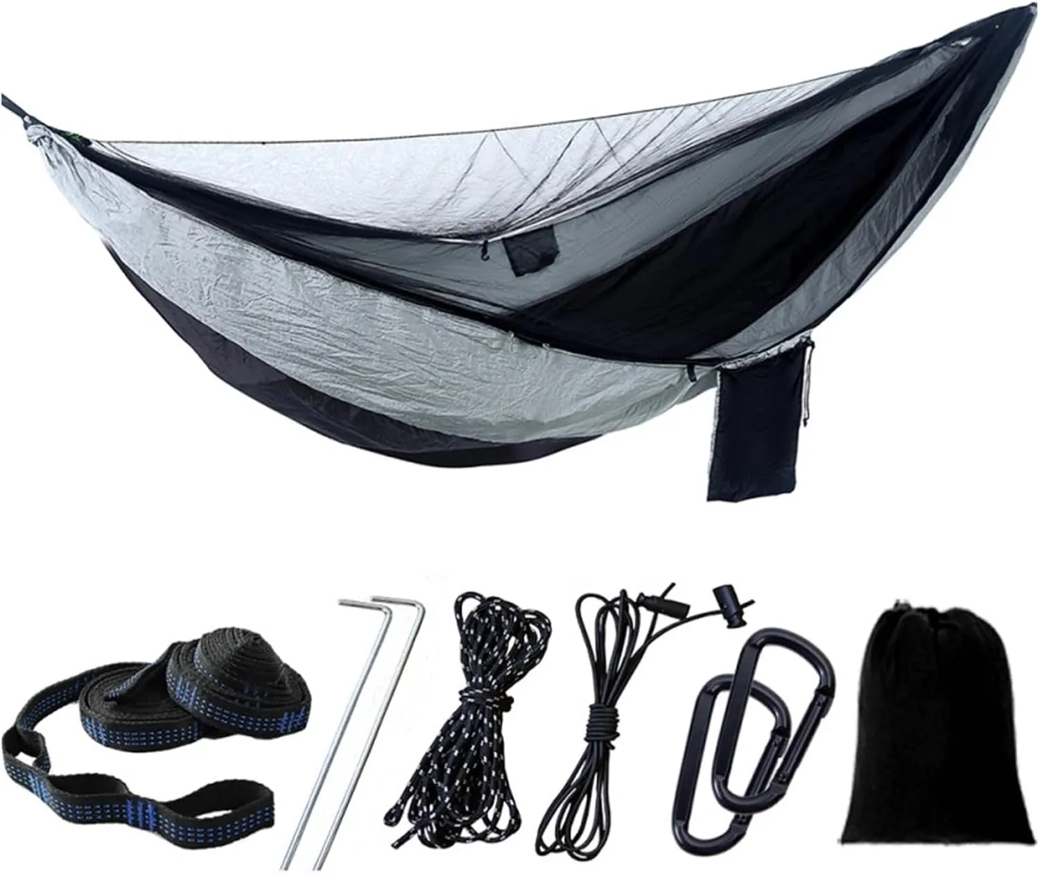 Camp Camping Hammock with Mosquito Net Portable Parachute 6 Strap Double Travel Hammock,Outdoor Backpacking Hammock Swing Chair Strong, Blue and Gray