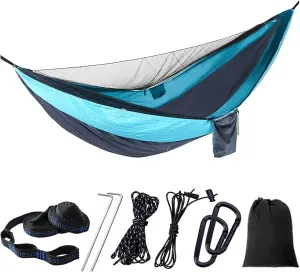Camp Camping Hammock with Mosquito Net Portable Parachute 6 Strap Double Travel Hammock,Outdoor Backpacking Hammock Swing Chair Strong, Blue and Gray