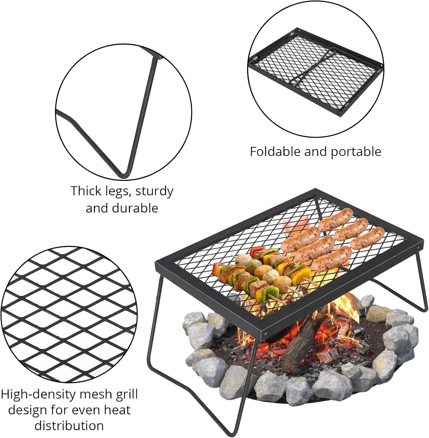 Campfire Grill Grate,17"×12.2" Campfire Cooking Grate with High-Density Grill Mesh, Heavy-Duty Steel Grill Grate,Food-Grade Coating & Foldable Legs for Outdoor BBQ, Picnics & Backyard Grilling