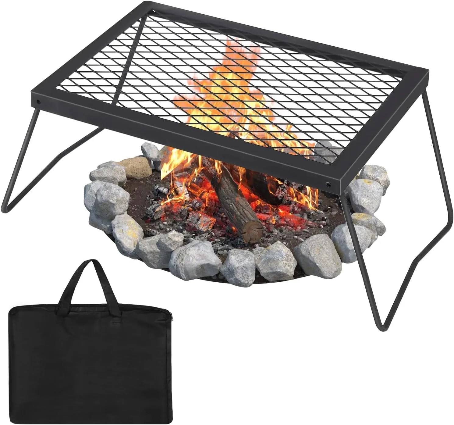 Campfire Grill Grate,17"×12.2" Campfire Cooking Grate with High-Density Grill Mesh, Heavy-Duty Steel Grill Grate,Food-Grade Coating & Foldable Legs for Outdoor BBQ, Picnics & Backyard Grilling
