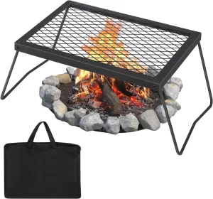 Campfire Grill Grate,17"×12.2" Campfire Cooking Grate with High-Density Grill Mesh, Heavy-Duty Steel Grill Grate,Food-Grade Coating & Foldable Legs for Outdoor BBQ, Picnics & Backyard Grilling