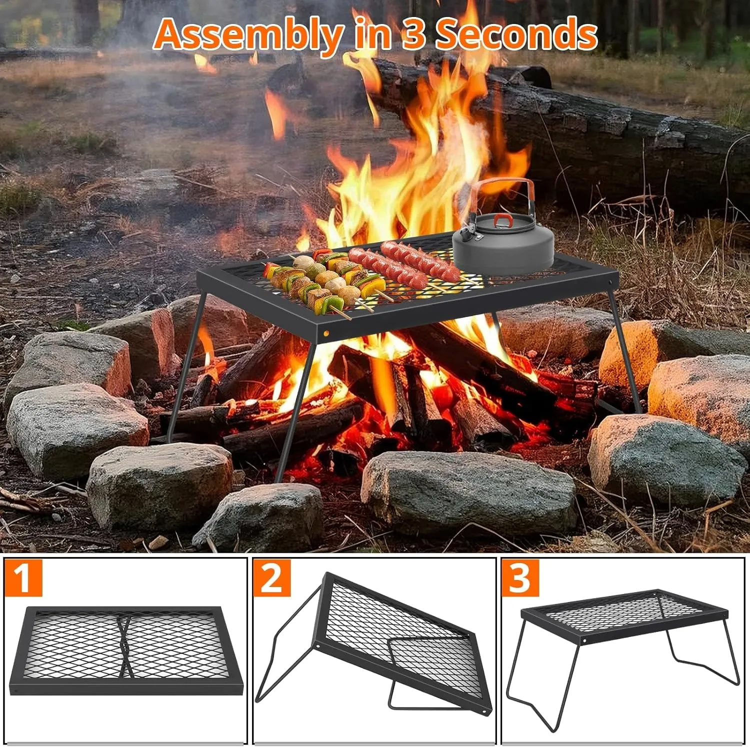 Campfire Grill Grate,17"×12.2" Campfire Cooking Grate with High-Density Grill Mesh, Heavy-Duty Steel Grill Grate,Food-Grade Coating & Foldable Legs for Outdoor BBQ, Picnics & Backyard Grilling